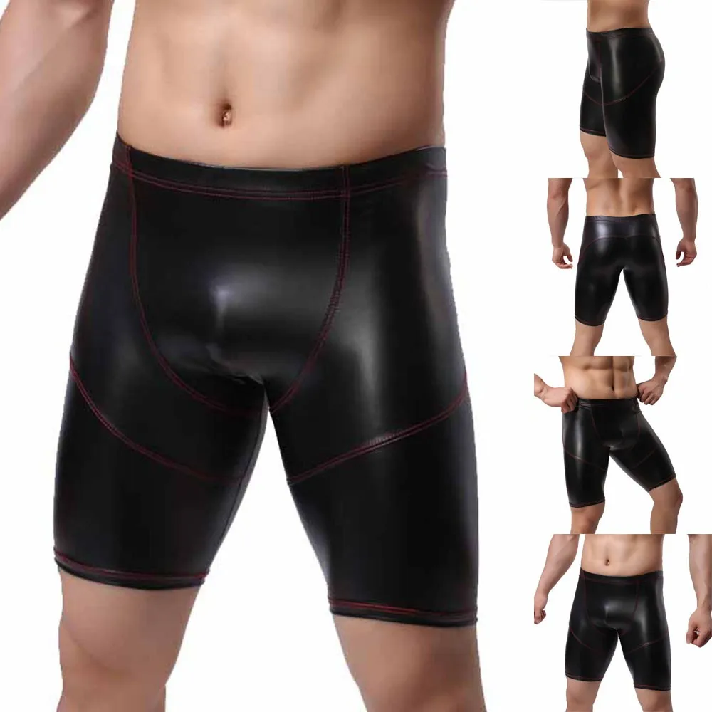 

Sexy Men Underwear Boxers Shorts Homme Black Faux Leather Panties Man U Convex Pouch Long Leg Underpants Cueca Calzoncillos
