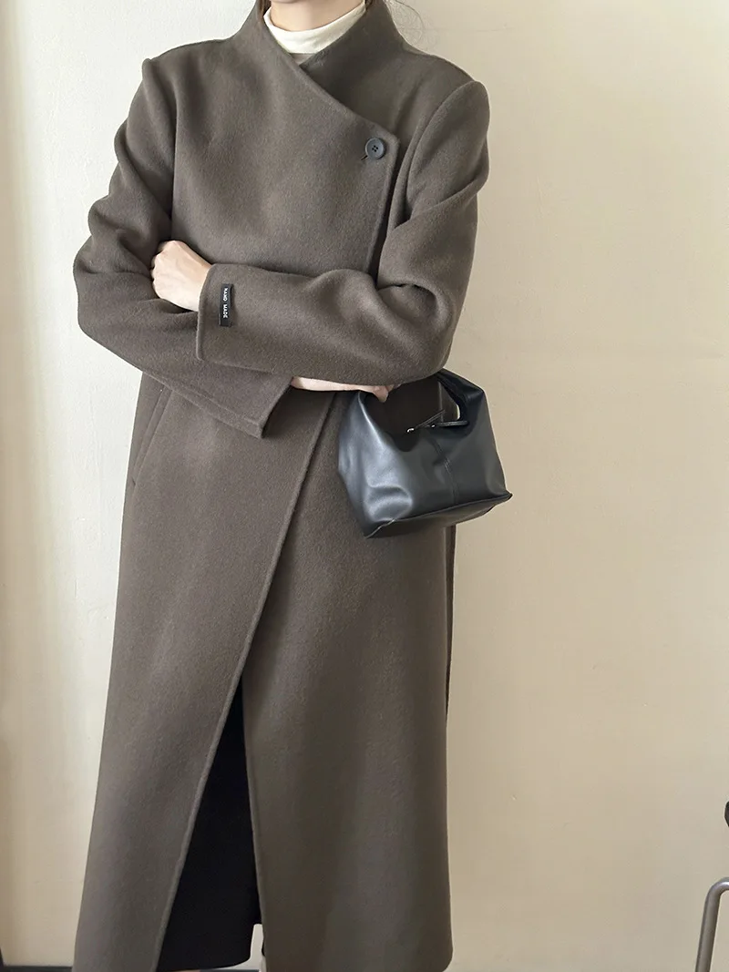 

Double sided cashmere coat for women's 2023 new autumn/winter mid length European high-end lace up 100% wool women's coat