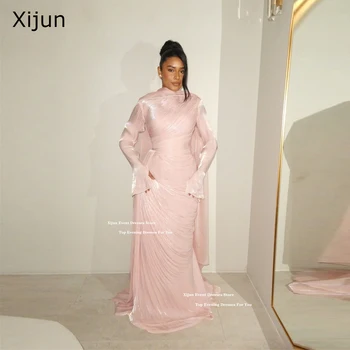Xijun Modest Pink Long Evening Dresses Full Sleeves Pearls Muslim Prom Dresses Pleated Luxury Dubai Prom Gowns Women Customized 1