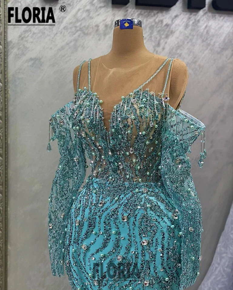 

Delicate Crystal Pearls Mermaid Evening Dress Full Beadings Tassel Sparkly Sequins Off Shoulder Green Prom Dress Robe De Soiree