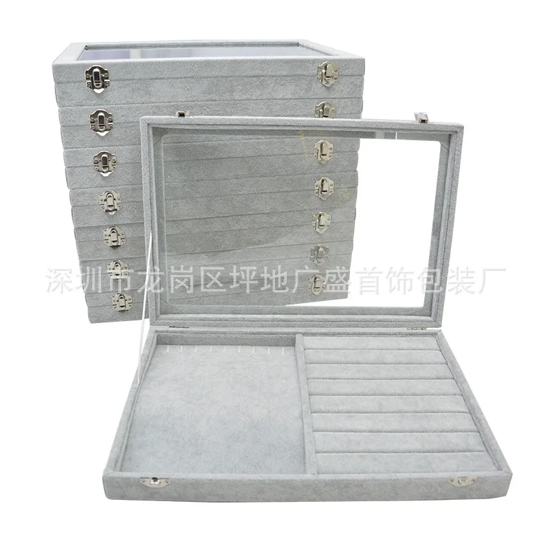 Velvet Jewelry Displaying Trays Jade Brooch Breastpin Earring Ring Organizer Holder Drawer with Glass Lid Window Showcase Gifts