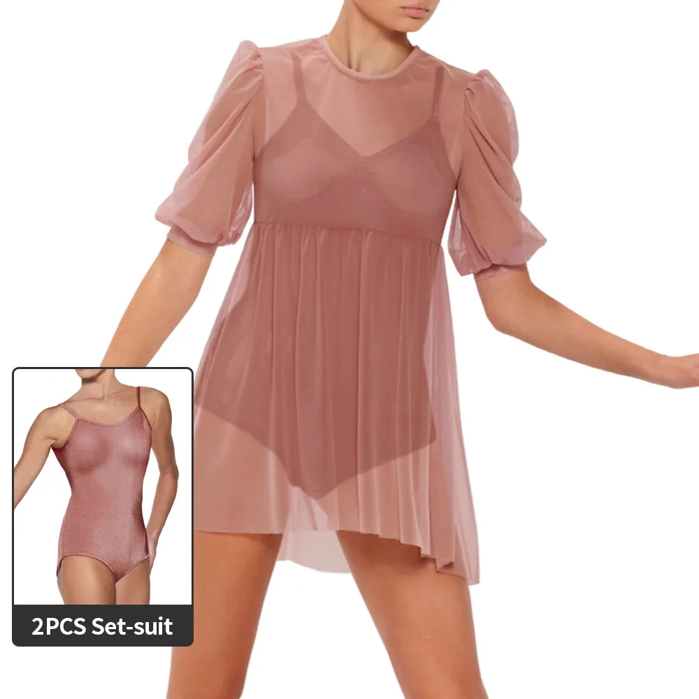 MiDee 2 Piece Babydoll Mesh Dress Matching Leotard Included Pullover Skirt Puff Sleeves Modern Lyrical Ballet Dance Costume