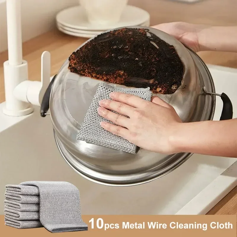10pcs Thickened Steel Wire Cleaning Cloth Magic Dishcloth Multi-purpose Non Greasy Quick Drying Double-sided Kitchen Cloth cleaning tool