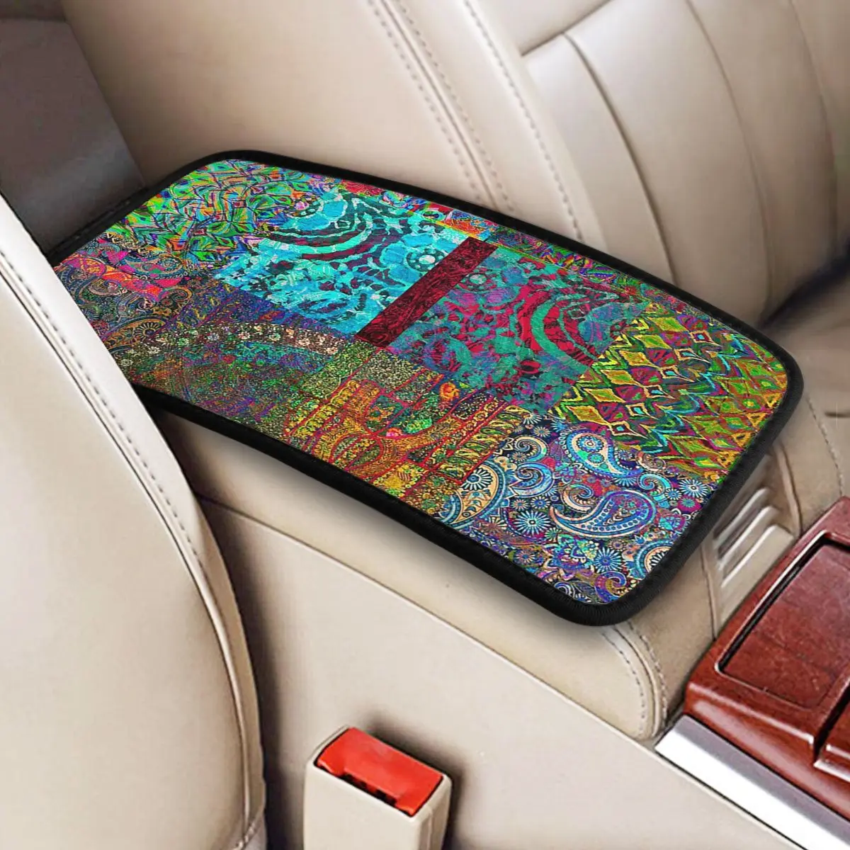 Leather Center Console Cushion Pad Universal Auto Interior Bohemian Car Armrest Cover Mat Hippie Mandala Boho Storage Box Cover