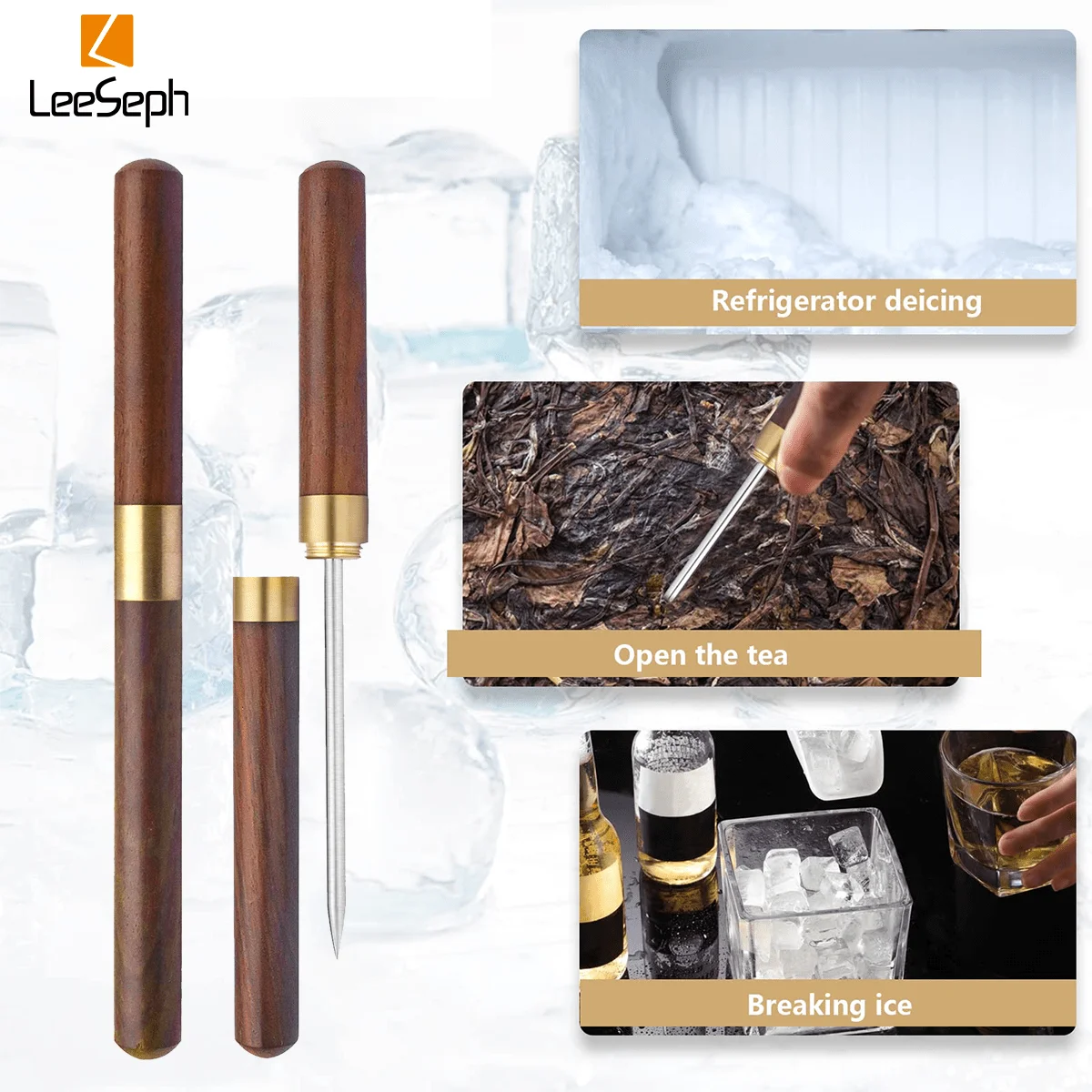 Leeseph Stainless Steel Ice Pick with Safety Cover Non-slip Wooden Handle Easy Grip Breaking Ice Tool bar tools,ice pick For Kitchen Bars