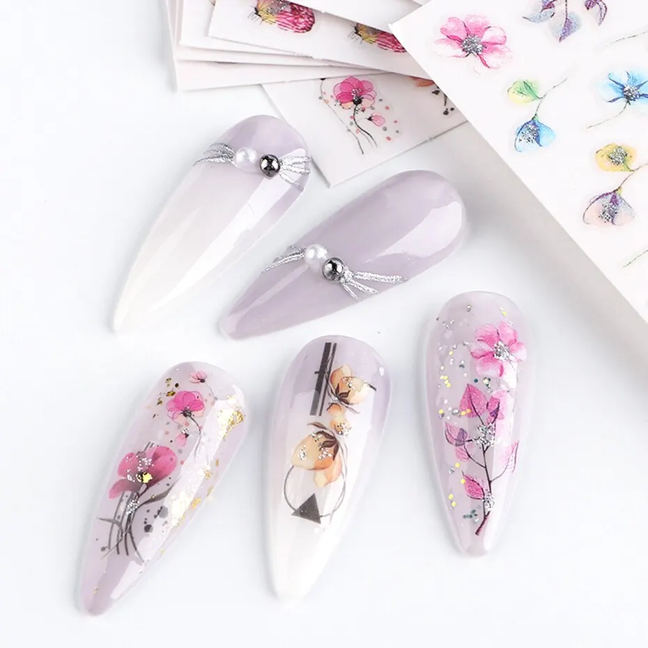 Design Shiny Flowers Nail Sticker 12pcs 3D Pink Spring Blossom Nail Art Decals Green Leaves Sliders DIY Decorate Manicure nail stickers nail art decoration nail decals flower stickers