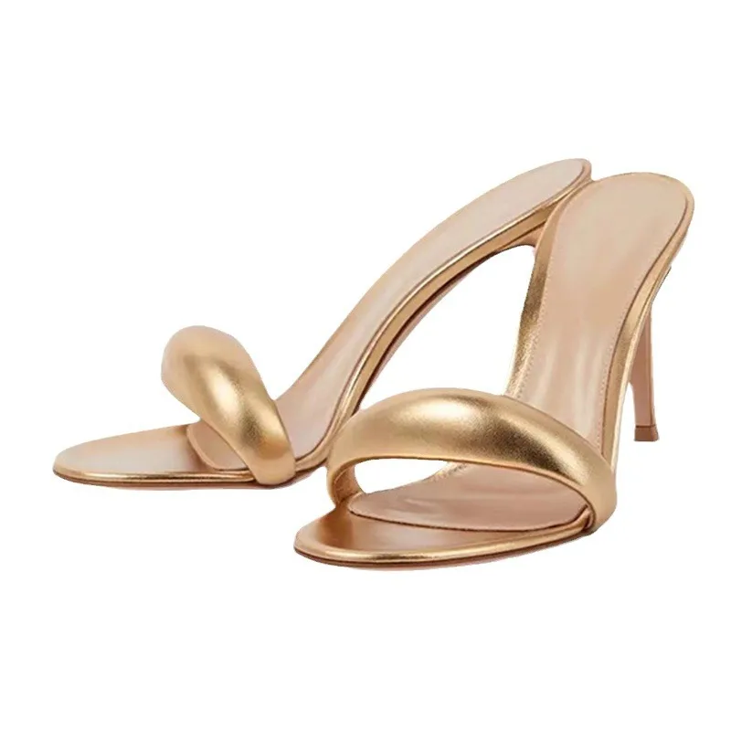 New Round Toe High Heels for Foreign Trade European and American Foreign Trade Large Size Slim Heels One Line Slippers for Women