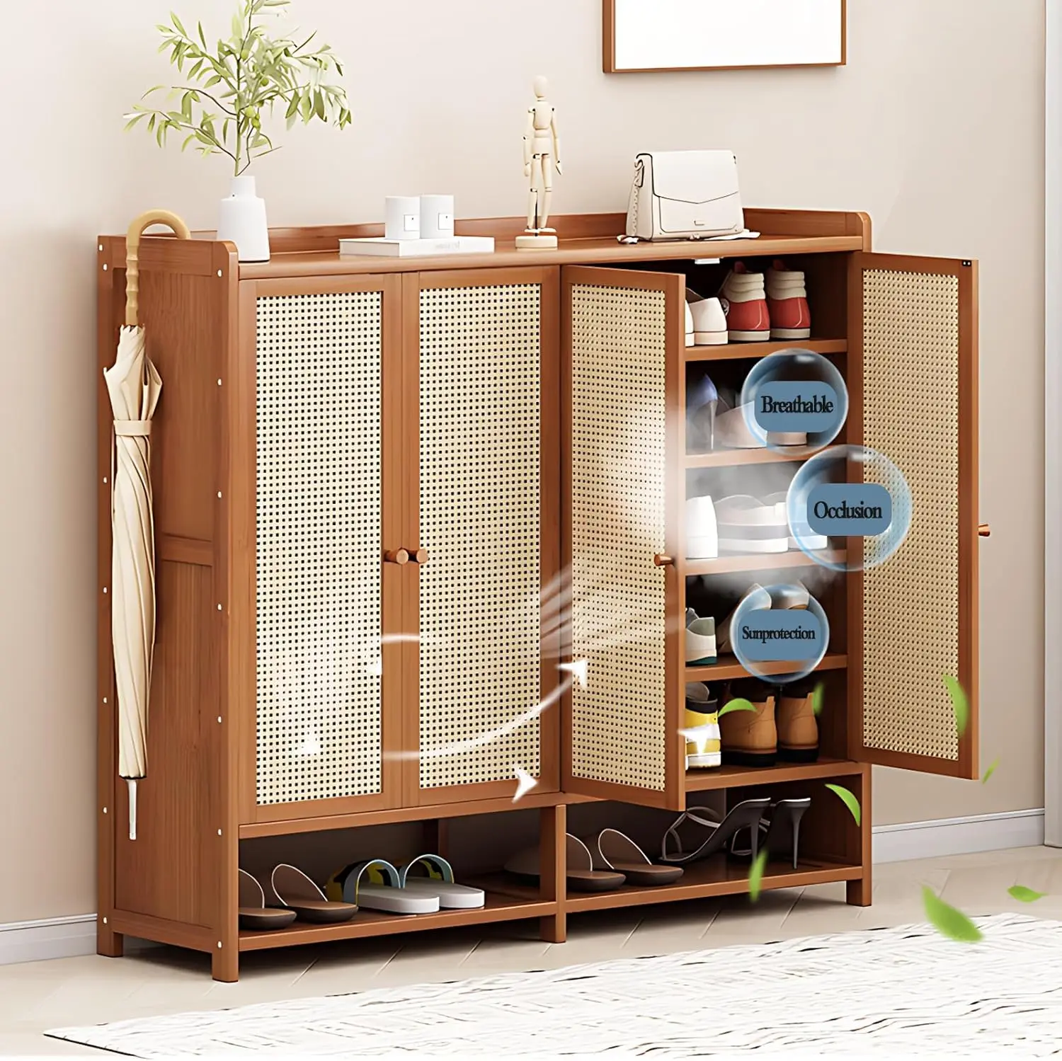 Description Picture 6 of item8-Tier Bamboo Shoe Cabinets with Door, 36-40 Pairs Freestanding Shoe Rack for Closet, Shoe Storage Cabinet for Entryway