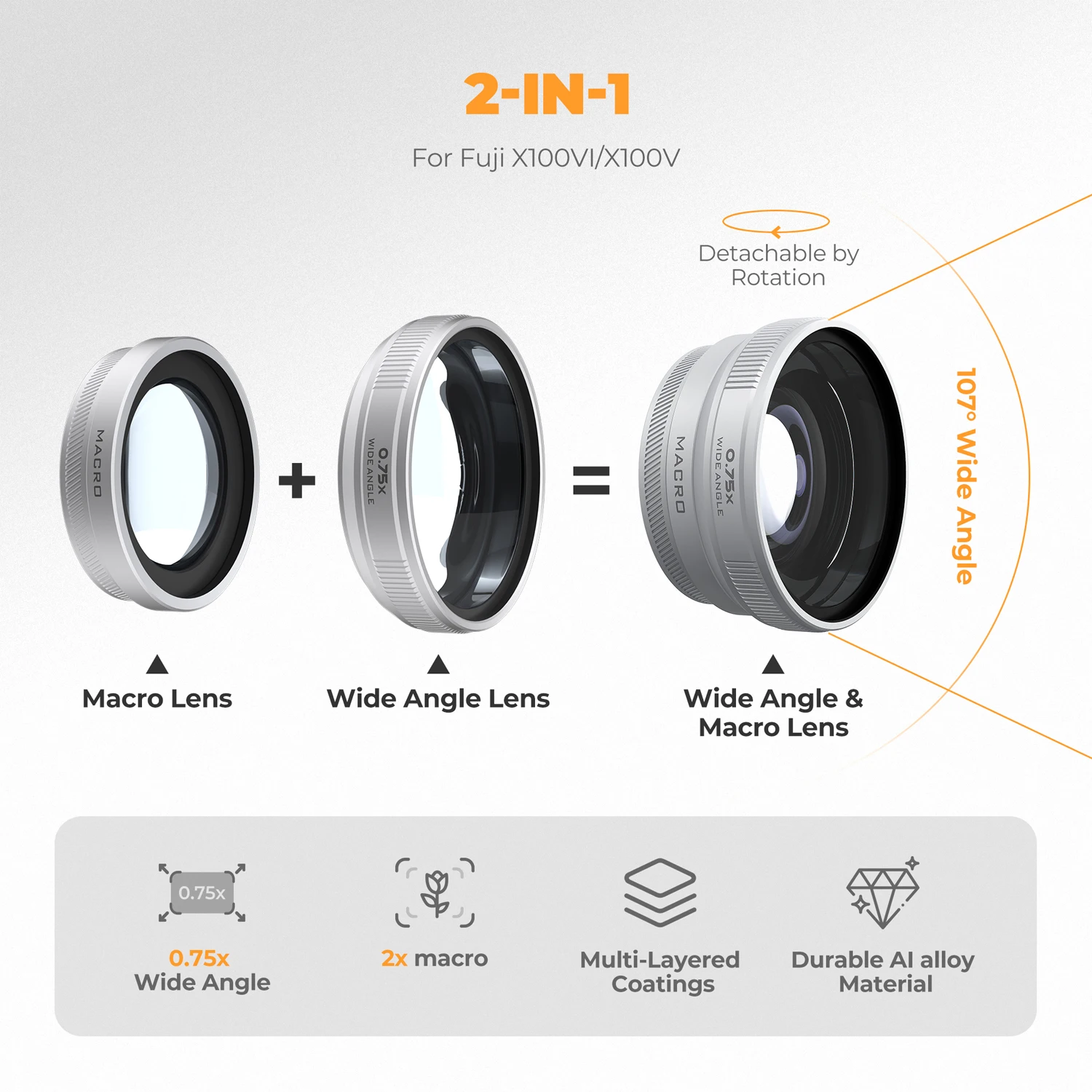 Freewell New Style Fujifilm 2-in-1 Macro Wide Angle Lens,1.5x Telephoto Lens,CPL/GMIST Filter for Fuji X100VI and X100V Cameras 4