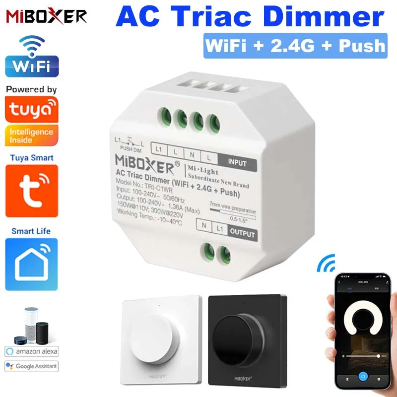 Miboxer Tuya WiFi AC Triac Dimmer 2.4G Push Dimming RF Rotating Panel Remote Voice Control For Alexa Google Home Smart Life APP smart light switch,led dimmer switch,smart dimmer switch,lamp dimmer,power cords dimmer switch