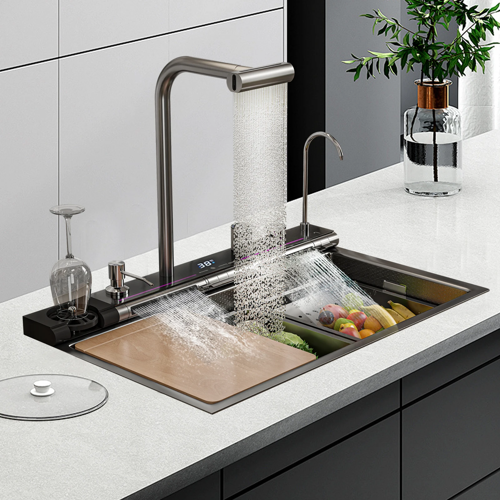 Stainless Steel Dual Waterfall Kitchen Sink Honeycomb Modern Kitchen Sink Single Bowl Digital Smart Sink with Soap Dispenser