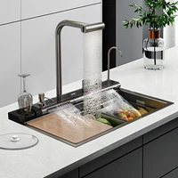 Stainless Steel Dual Waterfall Kitchen Sink Honeycomb Modern Kitchen Sink Single Bowl Digital Smart Sink with Soap Dispenser 1