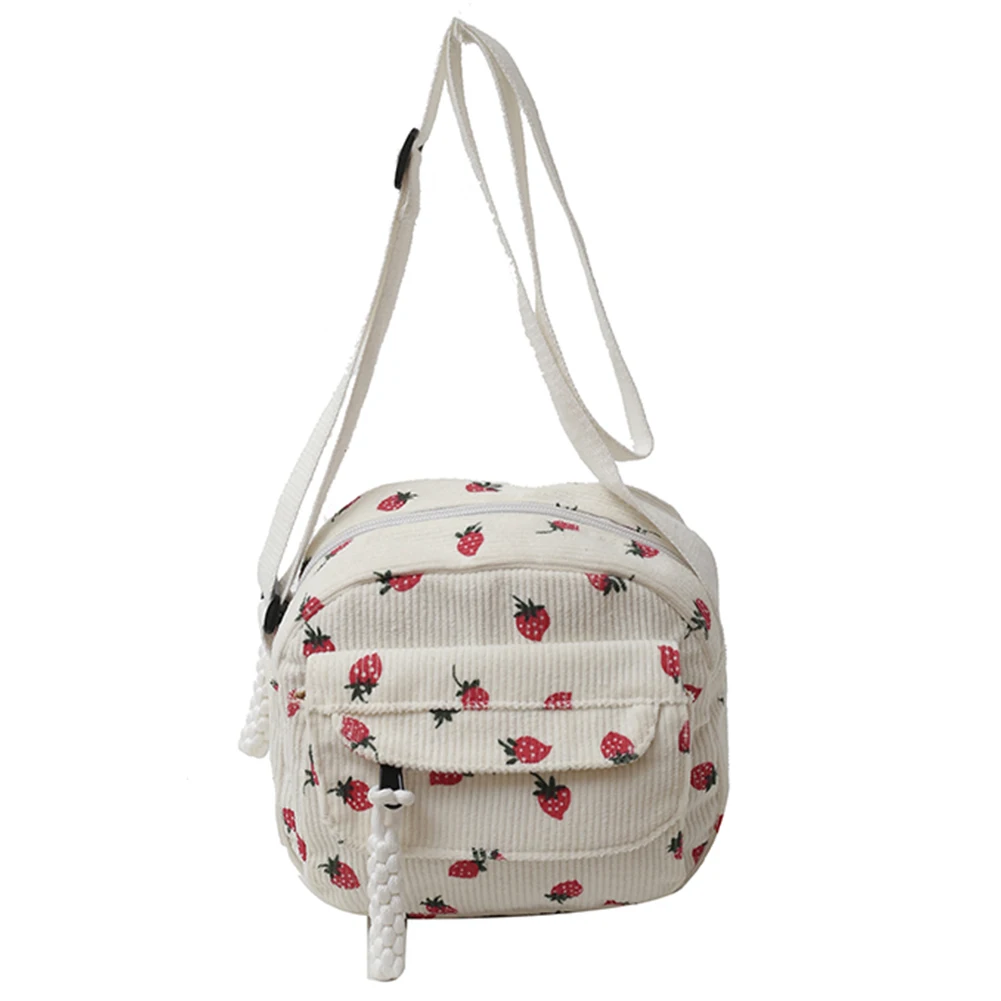 Cute Strawberry Messenger Bag Corduroy Tote Handbag Casual Zipper Underarm Bag for Women Girls Travel Work