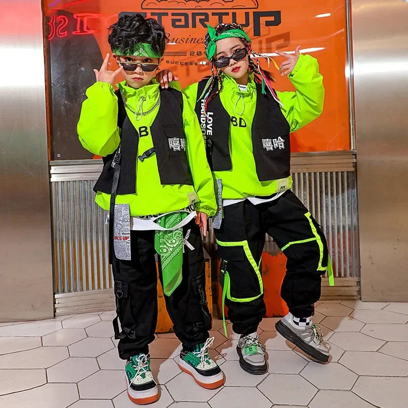 

Girls Hip Hop Street Dance Wear Vest Jacket Cargo Pants Boys Streetwear Child Pullover Teen Sweatshirt Kids Joggers Outfit