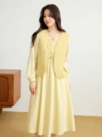 DUSHU Women Vest Dress Sets French Style 2025 Spring New Yellow Long Sleeve Dress Female Vest Coats 25DS81251+25DS81305