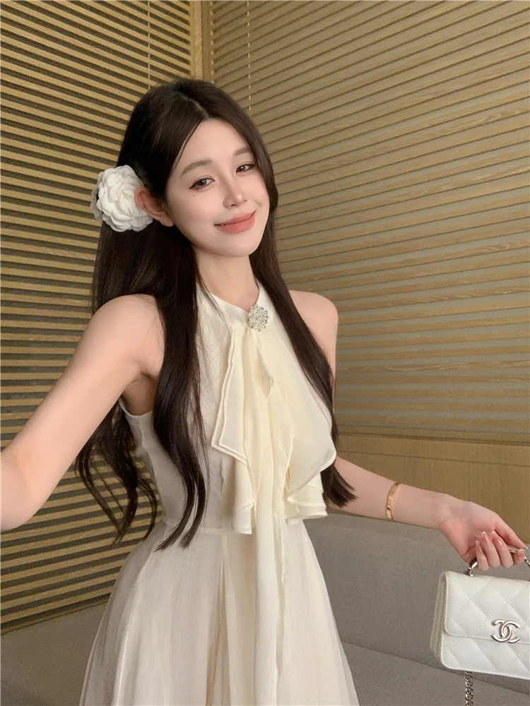 Elegant Halter Ruffles Short Dresses for Women Diamond Sleeveless A-line Sexy Evening Party Dress Prom Korean Chic Vestido Mujer