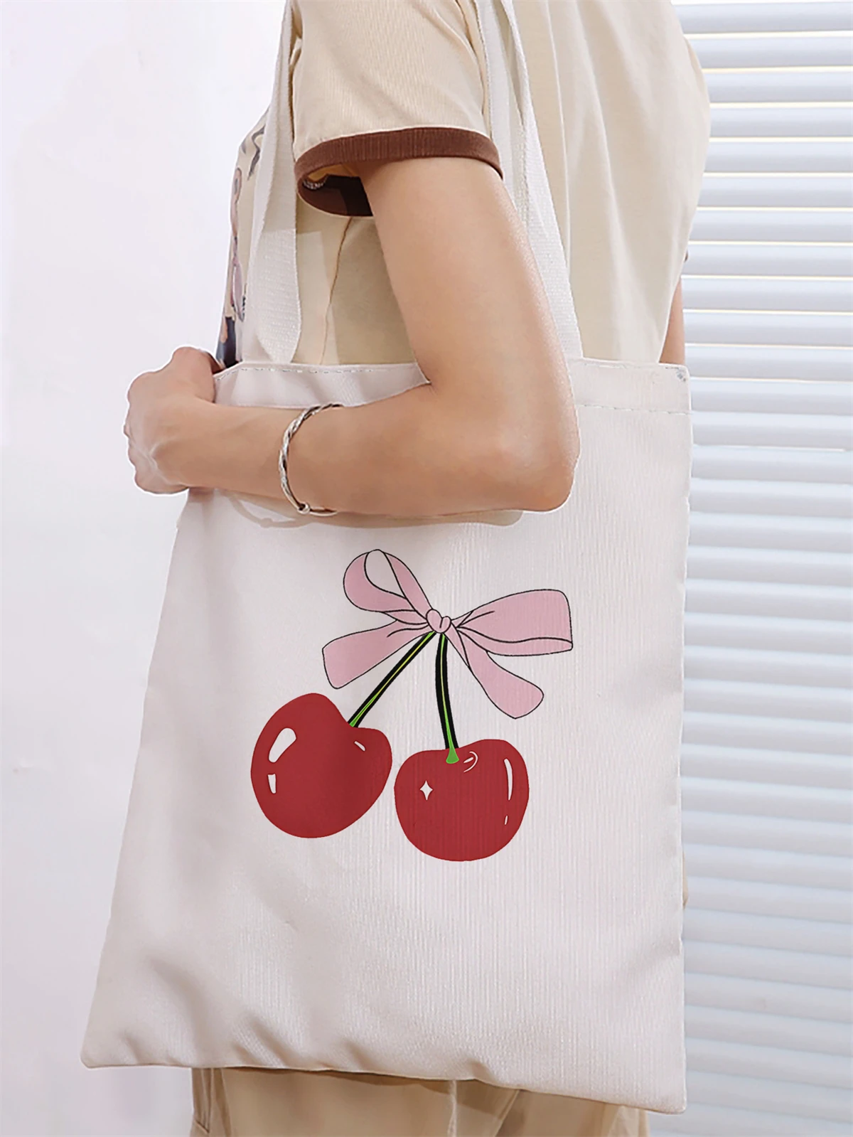 Cherry pattern printed casual handbag, reusable fashionable backpack, multifunctional handbag, canvas shopping bag
