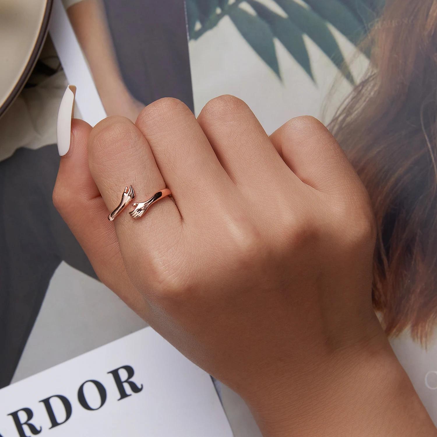 BISAER 925 Sterling Sliver Hand Hug Open Ring Heart Forever 3 Colors Rings Plated Platinum For Women Party Wedding Fine Jewelry