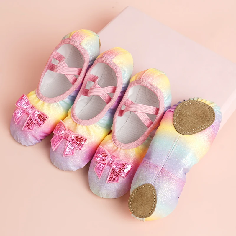 Girls Ballet Shoes Kids Bow Ballet Slippers Soft Soled Dance Shoes Iridescent Sequins Toddler Flats