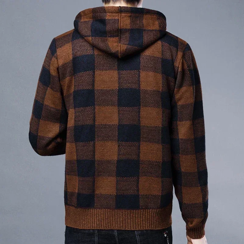 Knitted Sweaters for Men Red Korean Fashion Man Clothes Zip-up Hoodies Coat Cardigan Zipper Jacket Plaid Sweat-shirt Winter 2024