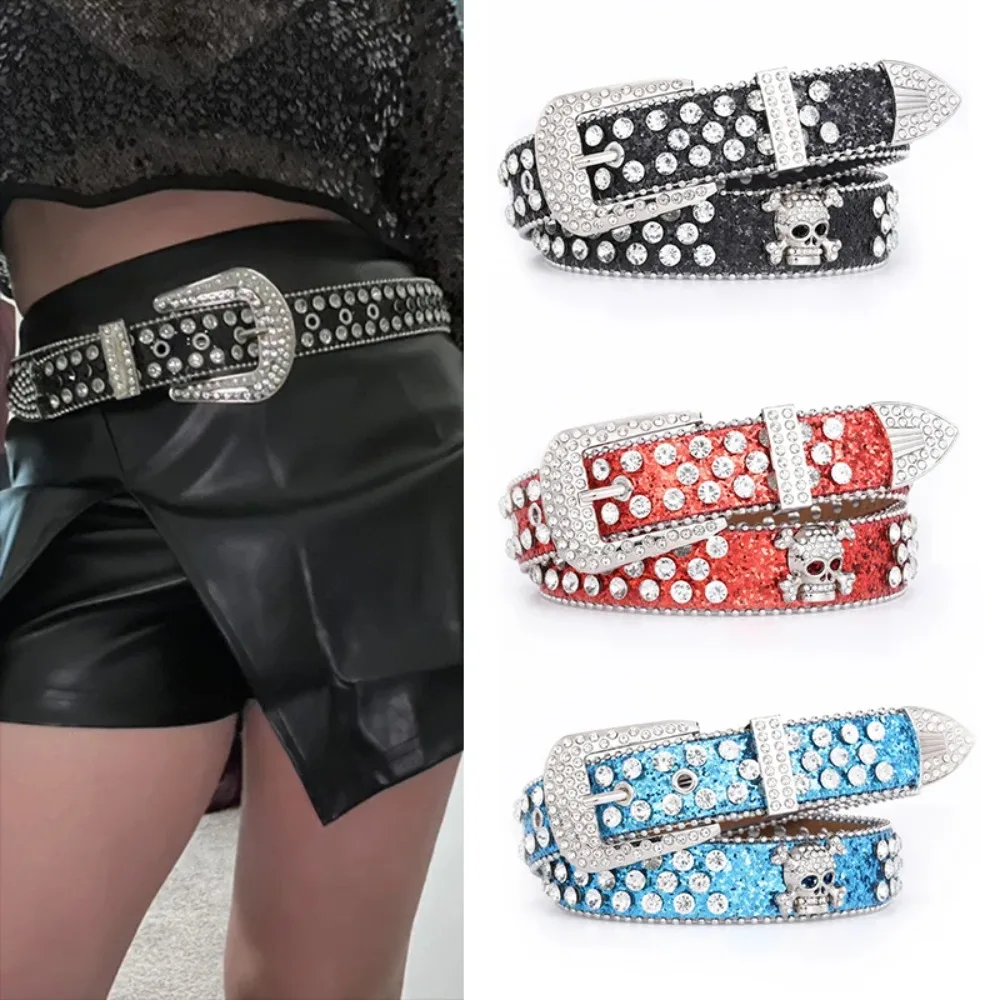 

Y2K Gothic Subculture Punk Skeleton Diamond Belt Leather Rhinestone Skull Belts Decorative Waistband Personalized Dressing