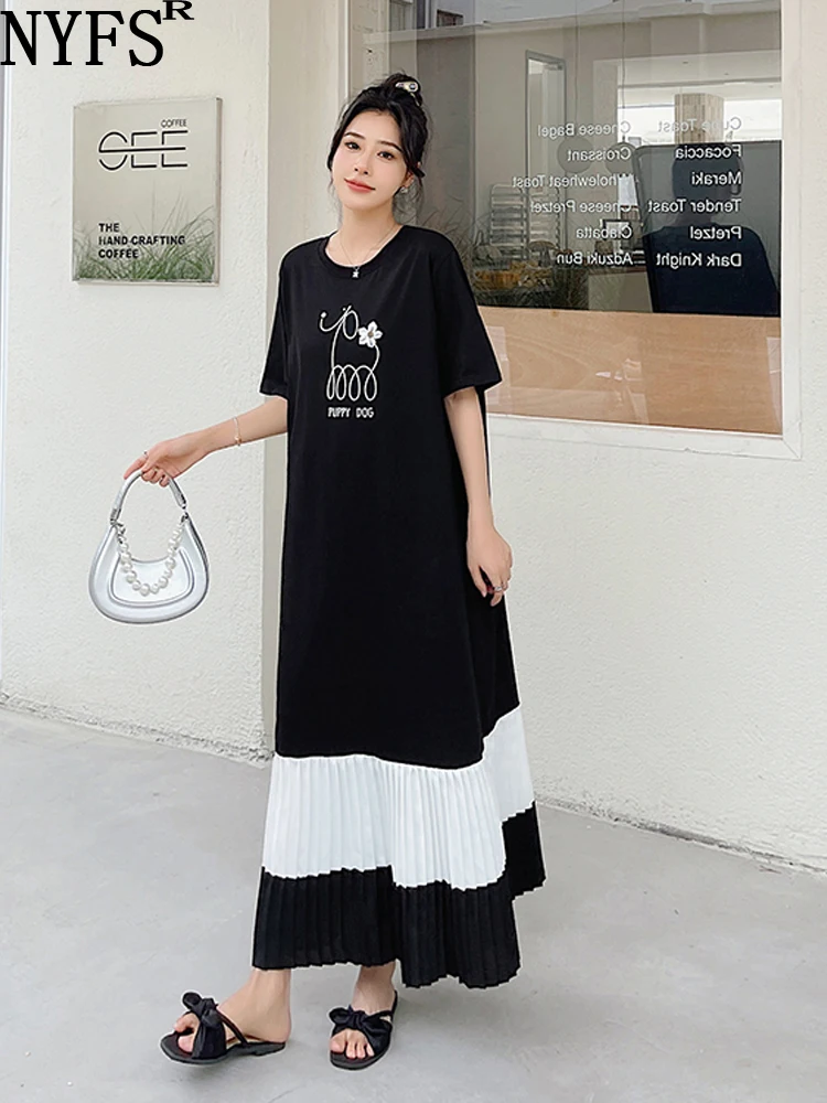 

NYFS 2024 Summer New Korea Woman Dress Vestidos Robe Elbise Loose Plus Size Patchwork Pleated Hem Short Sleeve Long Dresses