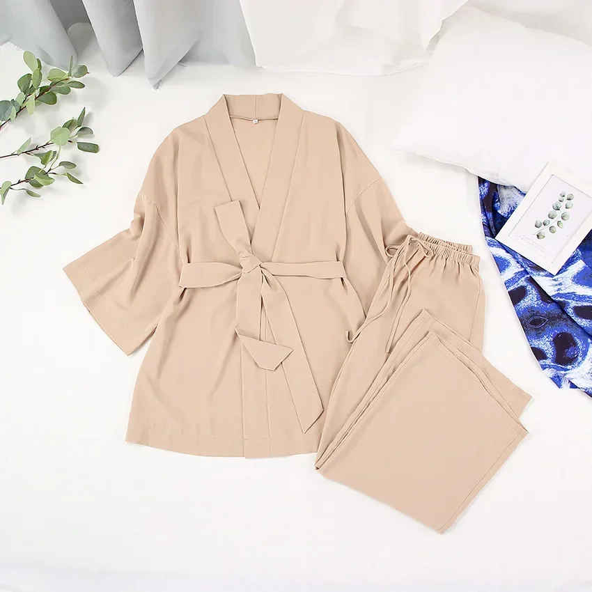 Solid Color Women's Pajamas Robe Sets Drop Sleeve Sexy Woman Nightie Loose Flare Bathrobe Female Pijama Sexy Mujer