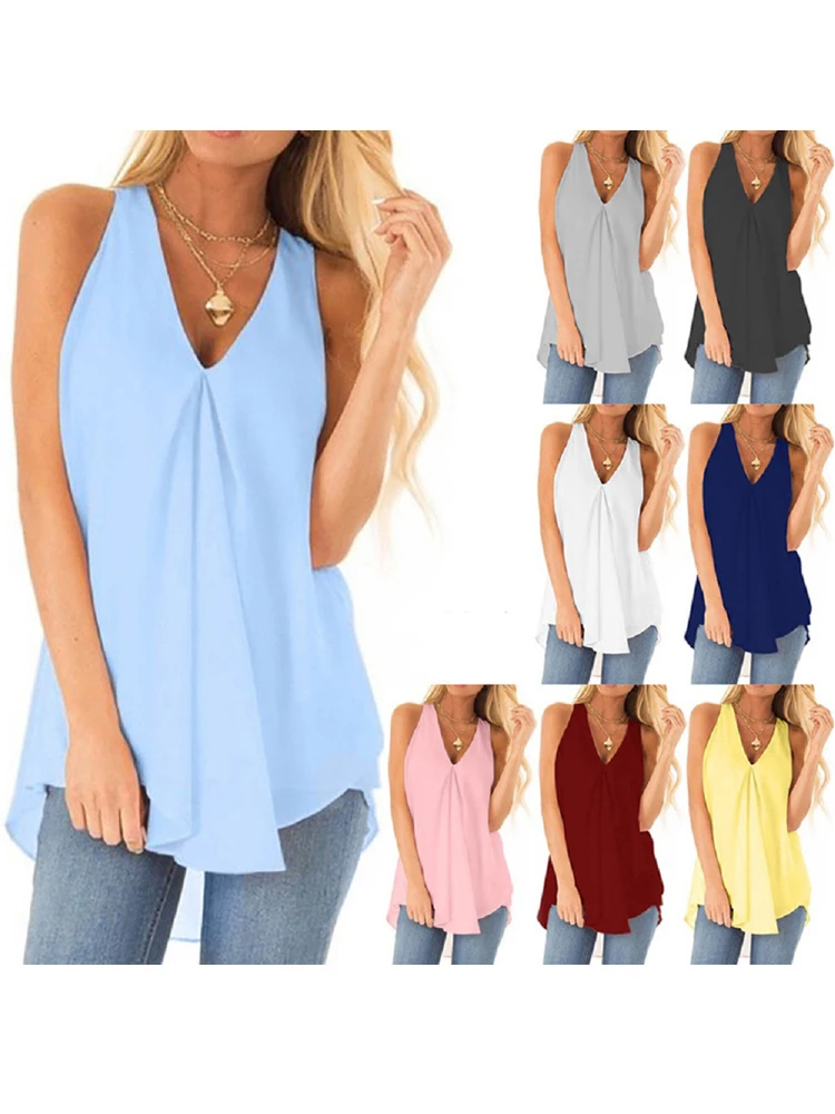 Chiffon Tops and Blouse For Women Sleeveless Soft Fashion Loose Solid Casual Sexy V-Neck Swing Lightweight Stitching T Shirt Top