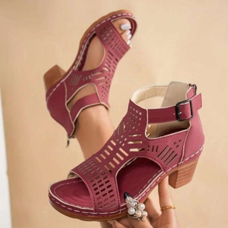 Sandals for Women 2026 New Thick Heeled Sandals Summer Breathable Hollow Out Sandals for Women Retro High Heels Roman Sandalias - 5