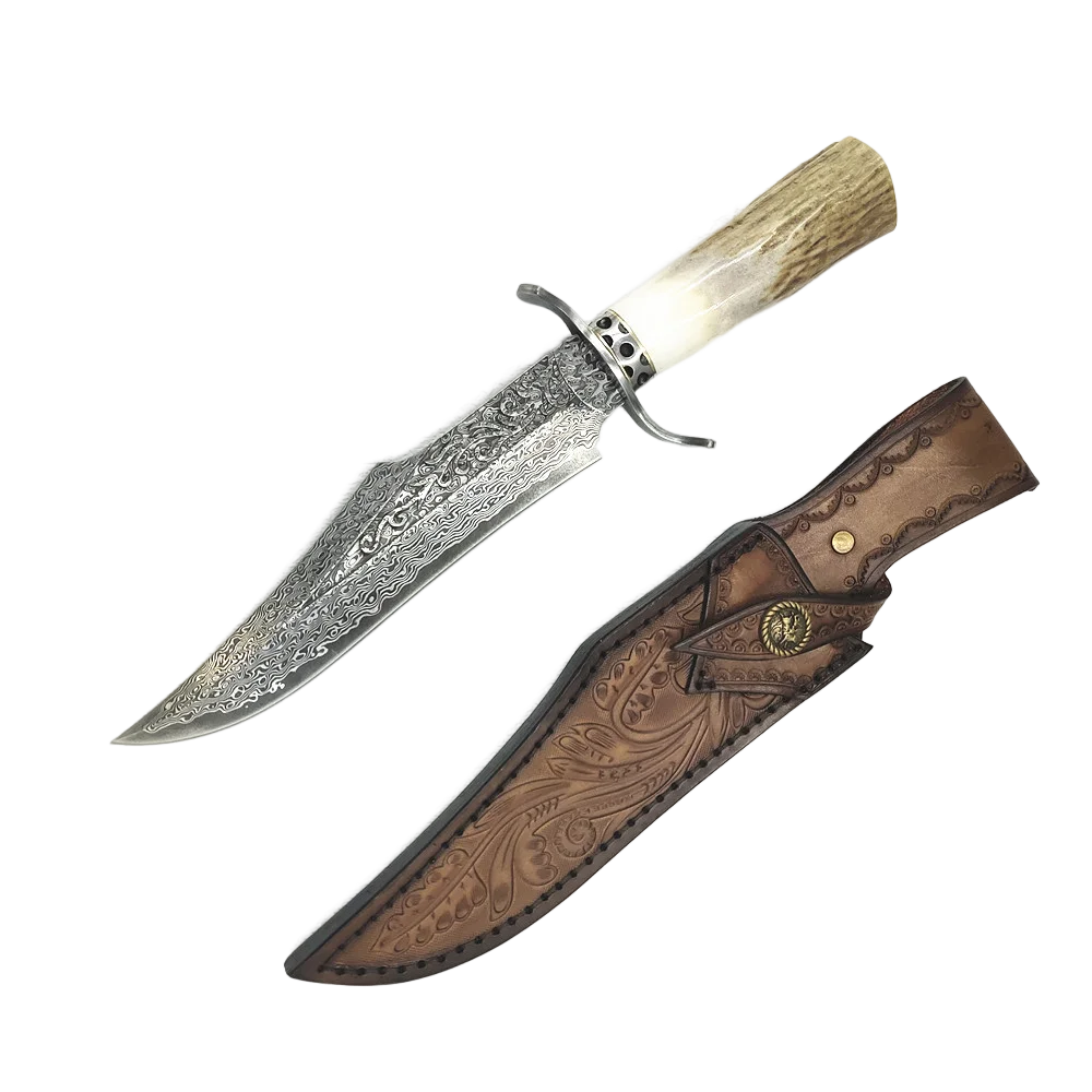 StraightKnifeDamascusSteelAntlerHandleFixedCarvedBladeSurvival