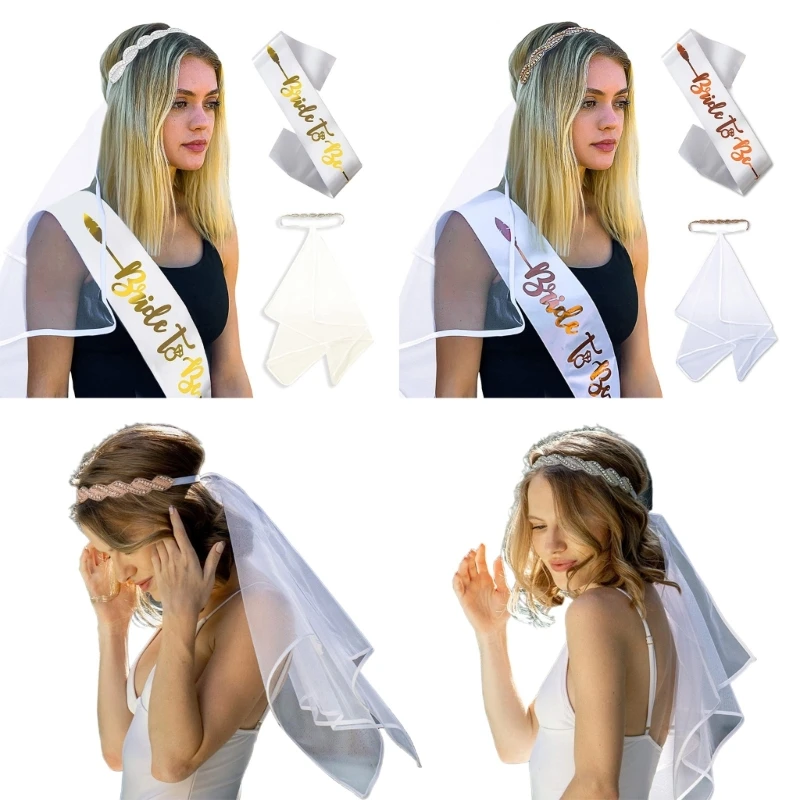 

Bridal Veil Woman Bride Long Tulle Wedding Party Veil Ribbon Edge with Elastic Rhinestone Headband for Wedding Party
