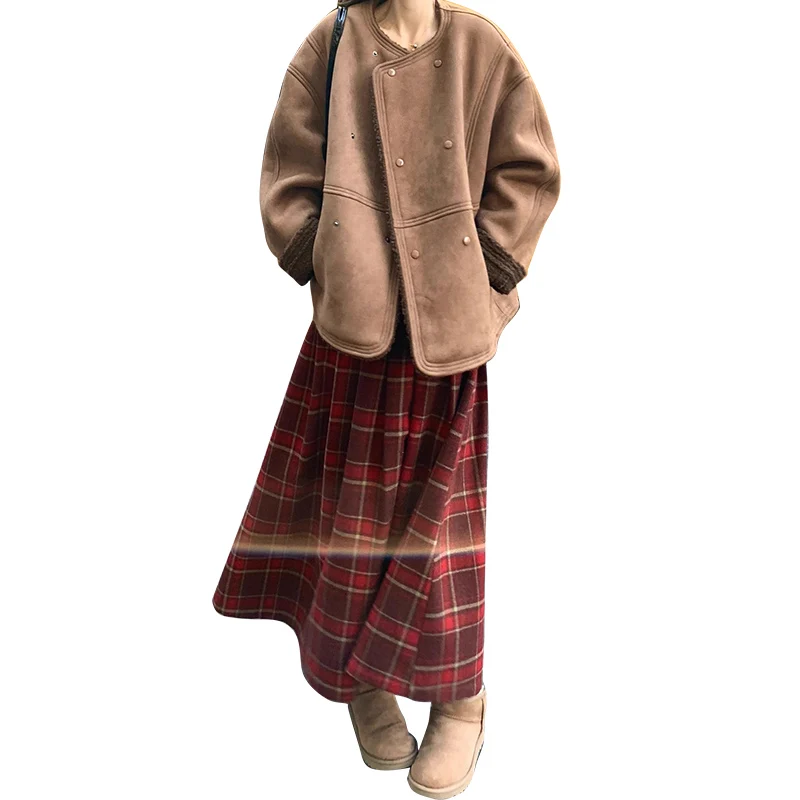 Autumn Winter Maternity Long Loose Plaid Maxi Skirt High Waist Pregnant Woman Woolen Pleated Skirt Large Hem Umbrella 95cm