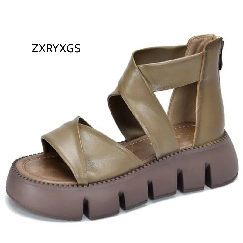 

ZXRYXGS 2023 Premium Genuine Leather Retro Fashion Sandals Platform Increase Shoes Summer Boots Roman Sandals Women Sandal Shoes