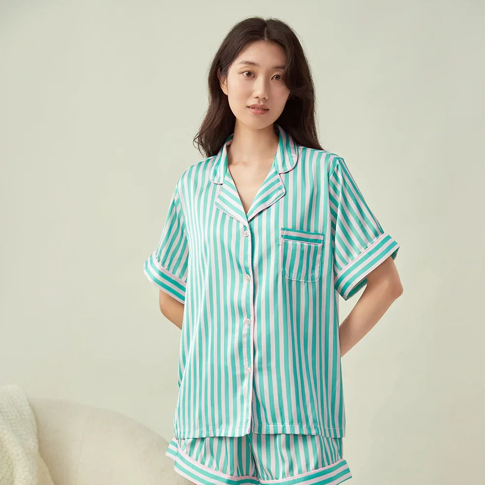 Secret The same lapel striped jacquard pajamas for women's short