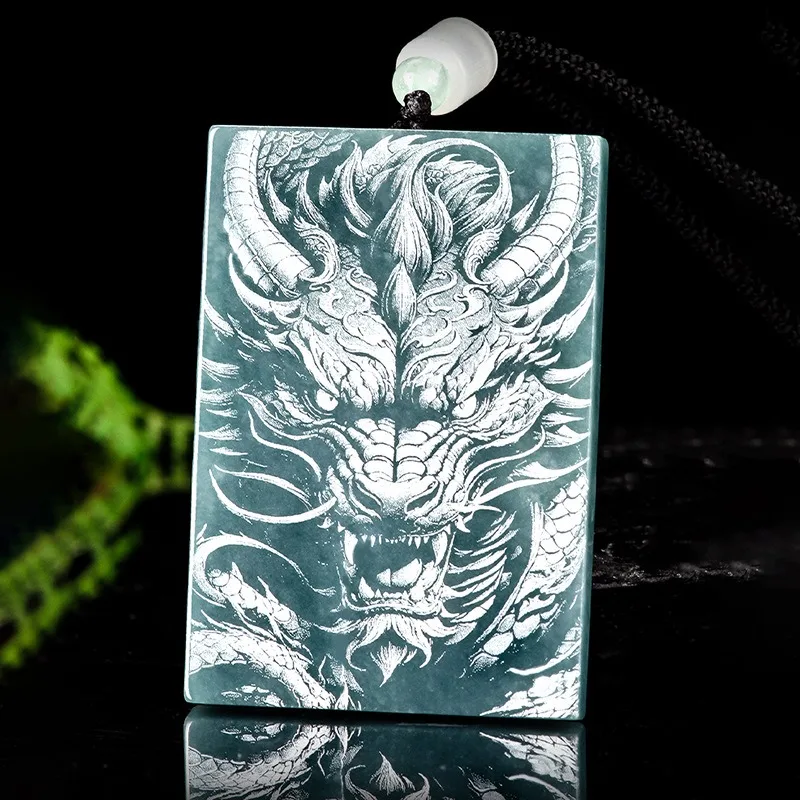 

Shadow-carved Natural Burmese Blue Emerald Dragon Jade Pendant Necklace Fashion Charm Jewelry Double-sided Amulet Gifts for Men