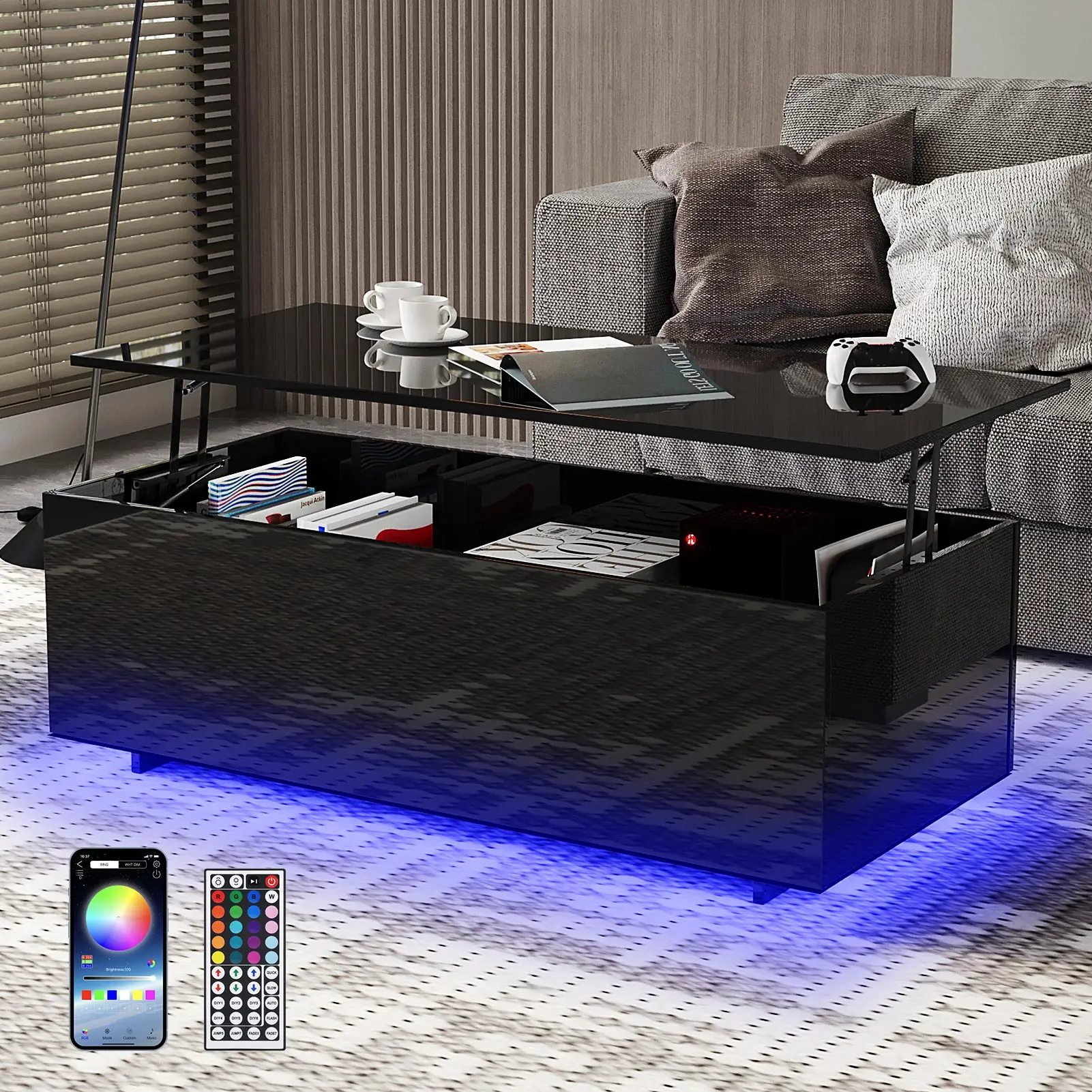 Led Lift Top Table for Living Room, High Gloss Coffee Table with Hidden Storage, 47 inch Modern centre