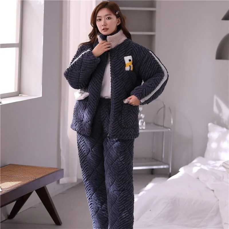 Winter Pajamas Women's Three-layer Padded Sleepwaear Suit Warm Velvet Thicken Girls Cute Foreign Style Hot Loungewear Set Pijama