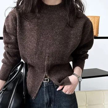 سترة ريترو أنيقة للخريف والشتاء موضة غير رسمية متعددة الاستخدامات محبوكة بخصر محبوك بلوفرات بأكمام طويلة ورقبة وهمية 3