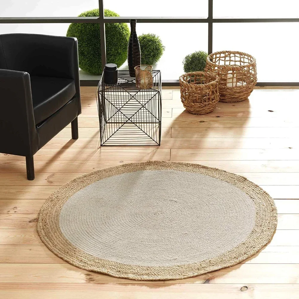 

Natural Jute Rug White Cotton Round Carpet Living Room Hallway Floor Mat Farmhouse Braided Rustic Area Rug Home Bedroom Decor