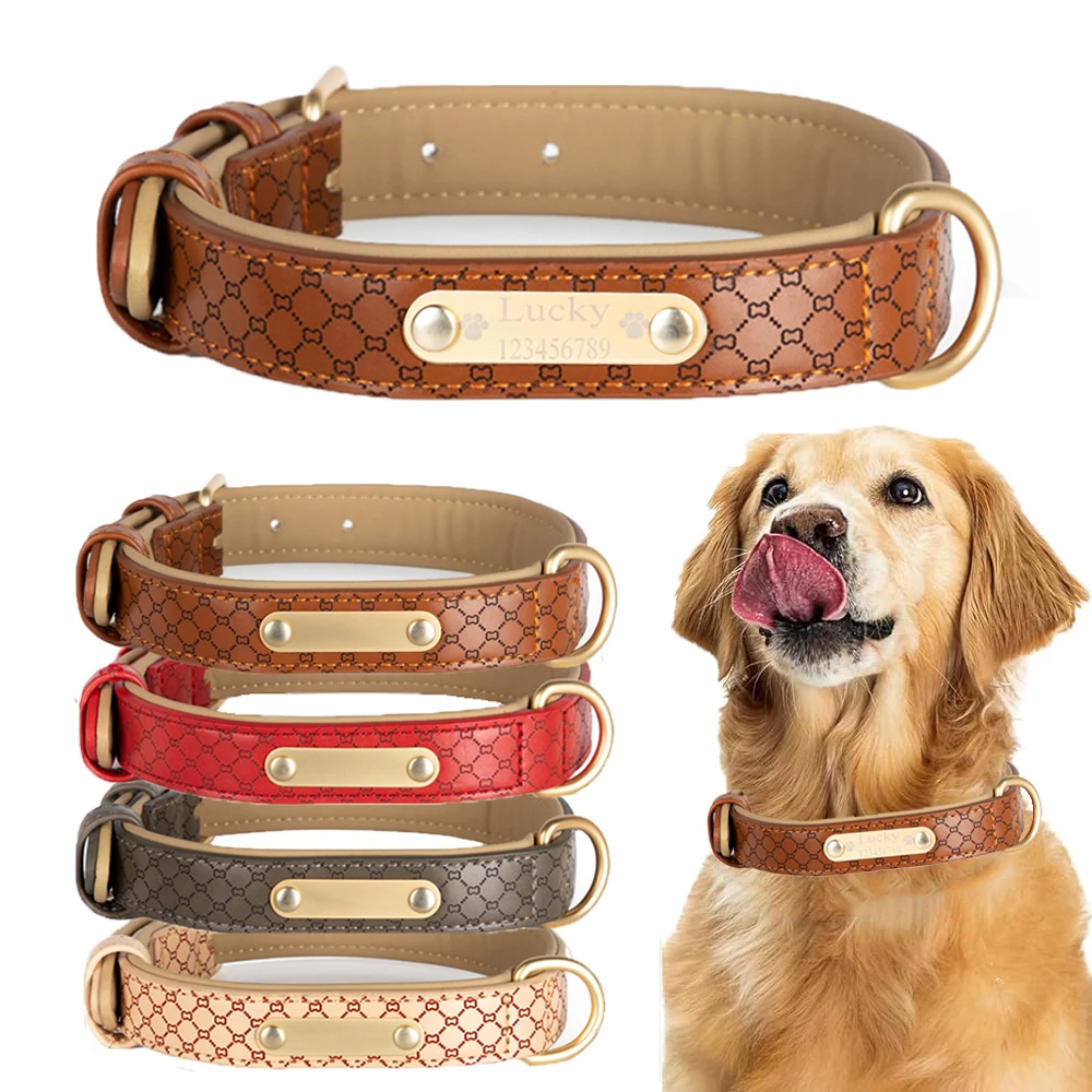 

Custom Leather Dog Collar Soft Padded Dog Collars Personalized ID Collars with Anti-Lost Buckle for Small Medium Large Dogs Pug