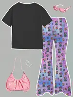 Ensemble 2 pièces pour filles - Tenue de concert K-Pop 2026 - T-shirt graphique noir et pantalon évasé à imprimé personnage pastel pour enfants 3
