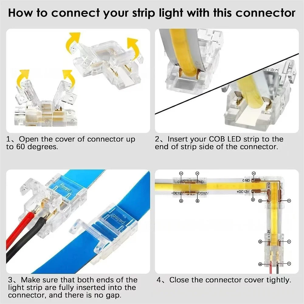 1세트 2핀 L자형 5/8mm 무납땜 코너 커넥터 및 2핀 5/8mm COB LED 커넥터(2핀 COB LED 스트립 조명용)