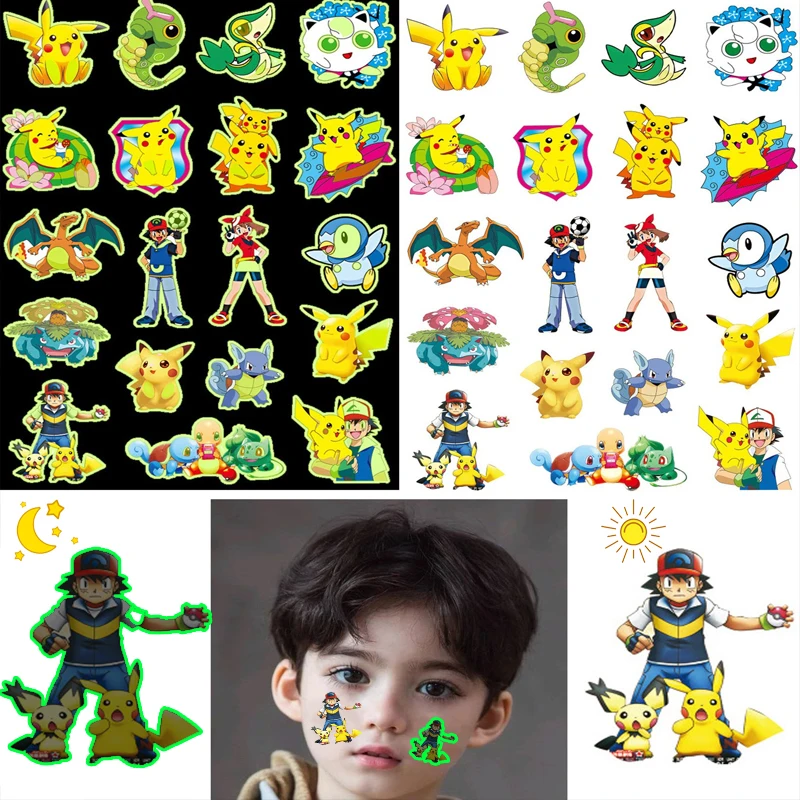 Pokemon Luminous Tattoos for Kids Pikachu Styles Temporary Tattoos Stickers Boys Girls Glow Party Supplies Gifts for Children 3