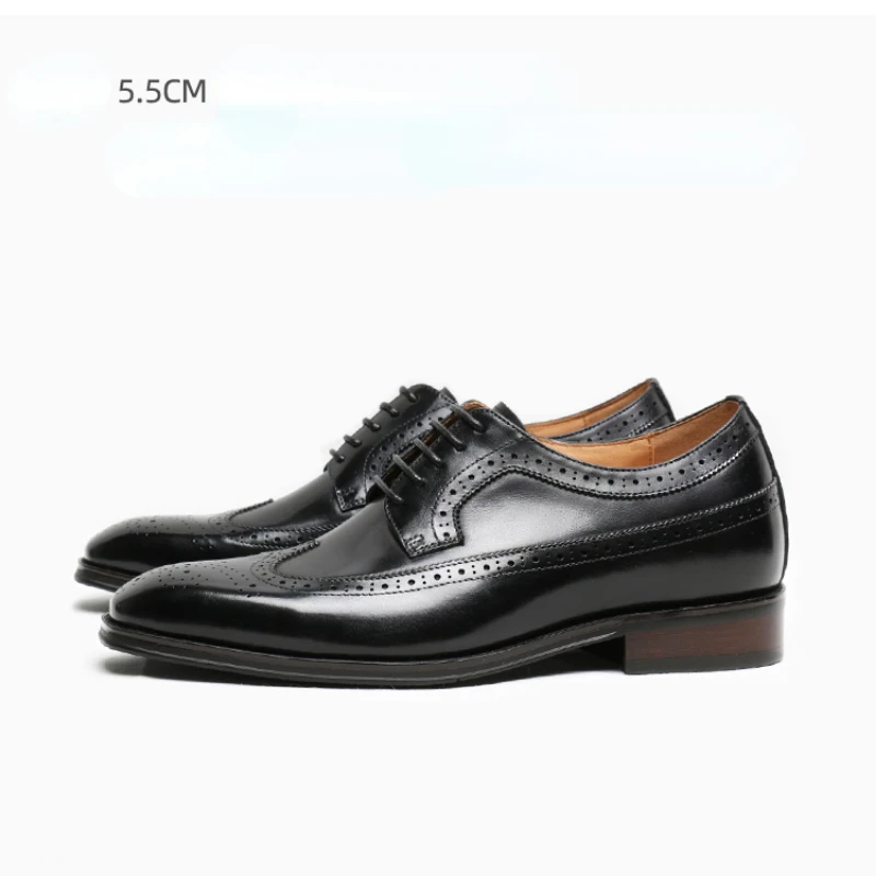 

British Business Style Men's Formal Shoes Brock Carved Banquet Derby Leather Shoes Black Inner Heightening Handmade Men's Shoes
