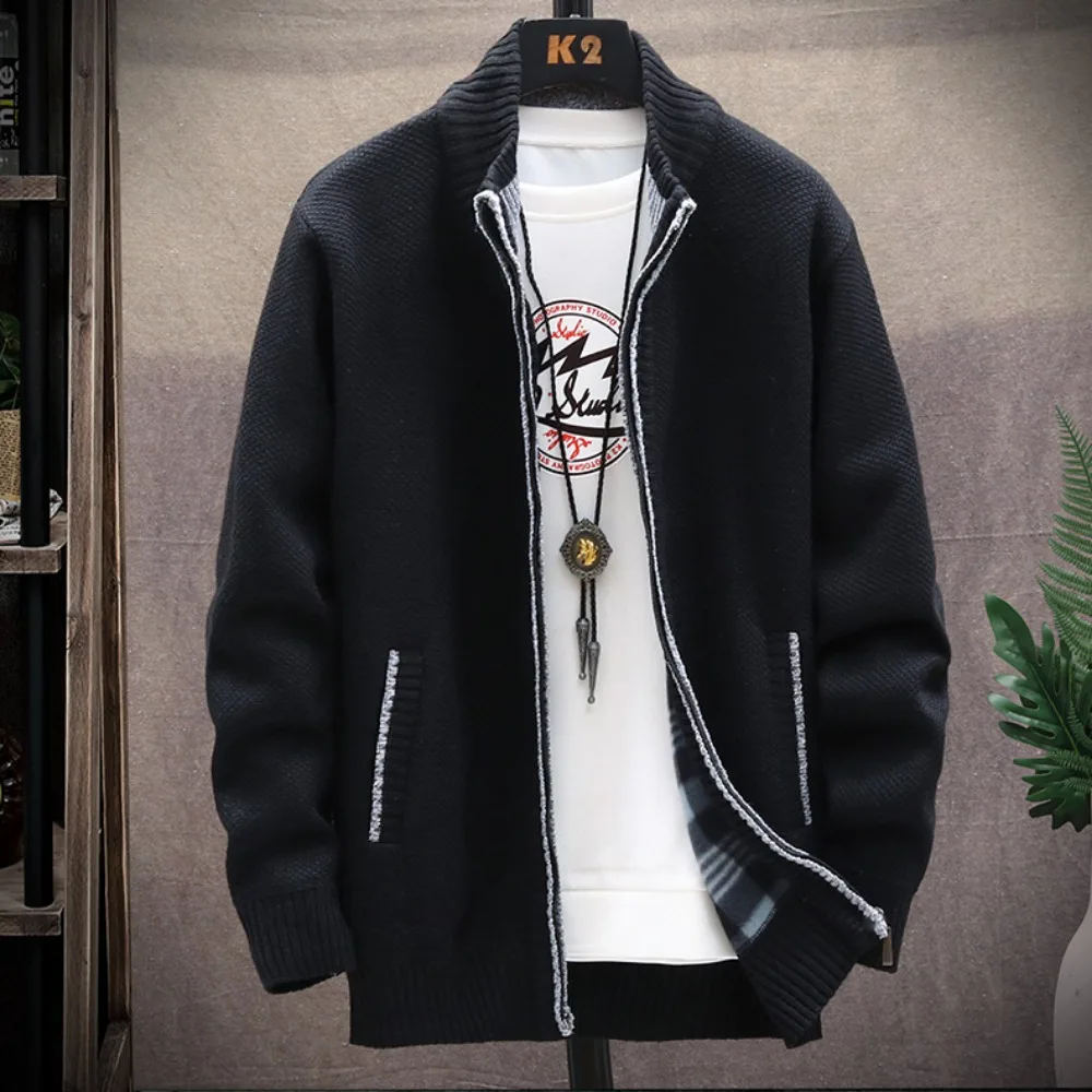 Knitted Cardigan Solid Color Sweater Men Zipper Autumn New Long-sleeved Jacket Warm Fleece Cardigans Jacket 3