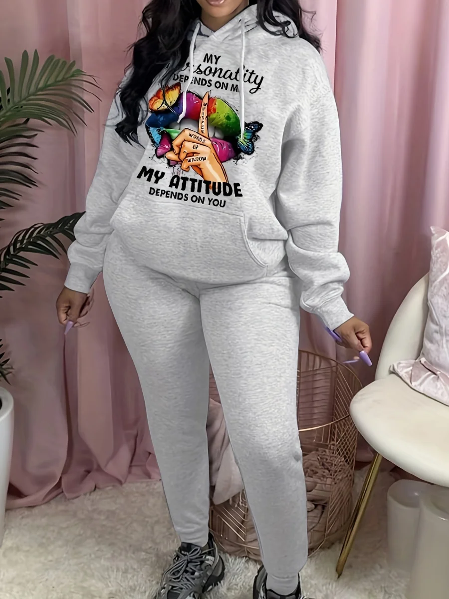 LW 플러스 사이즈 나비 립 레터 프린트 운동복 세트, 후드 칼라 포켓 디자인, 그래픽 긴팔, 겨울 의상 