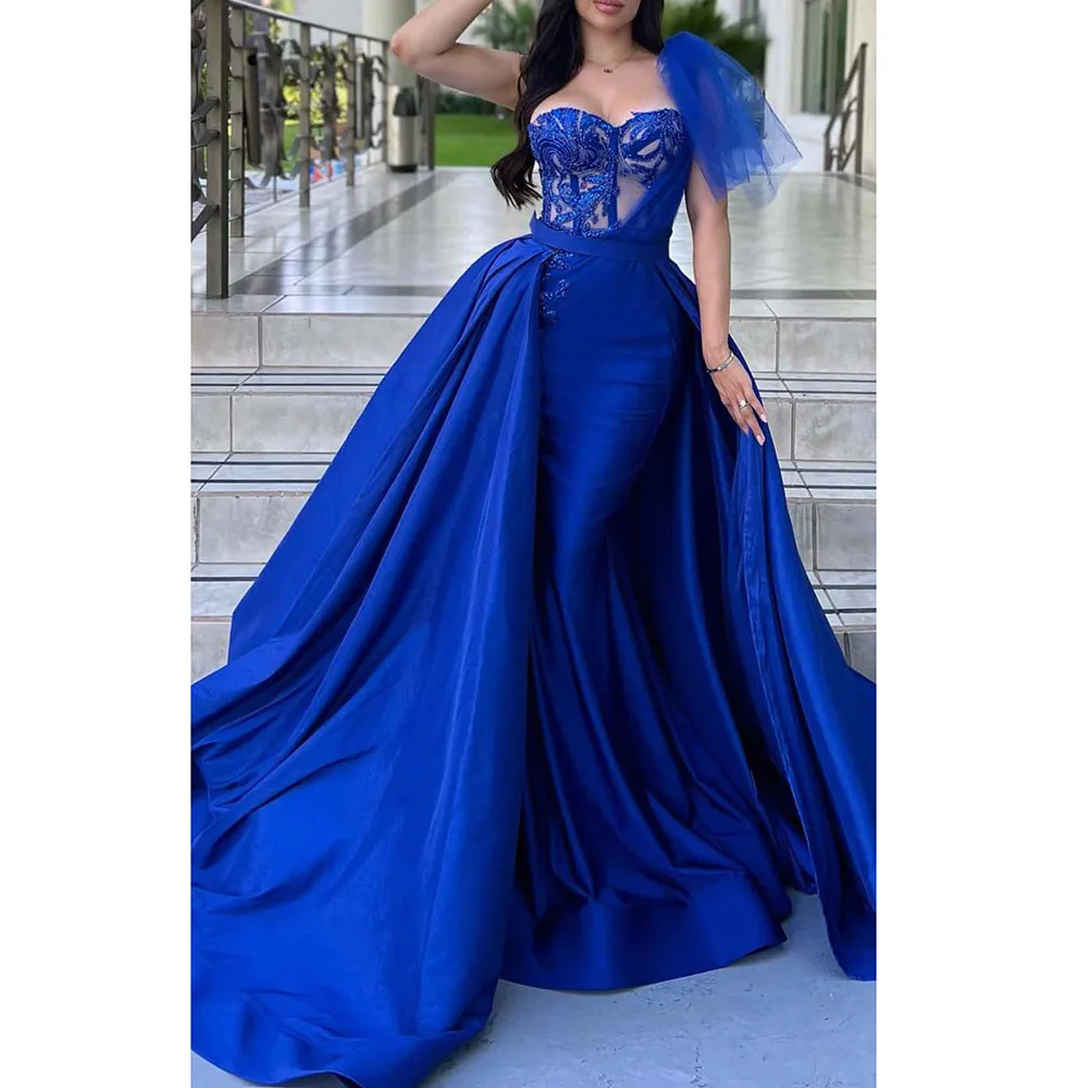 

Kadisua Royal Blue Evening Dress Detachable Train Appliques Mermaid Floor Length Strapless Illusion Sexy Women Prom Party Gown