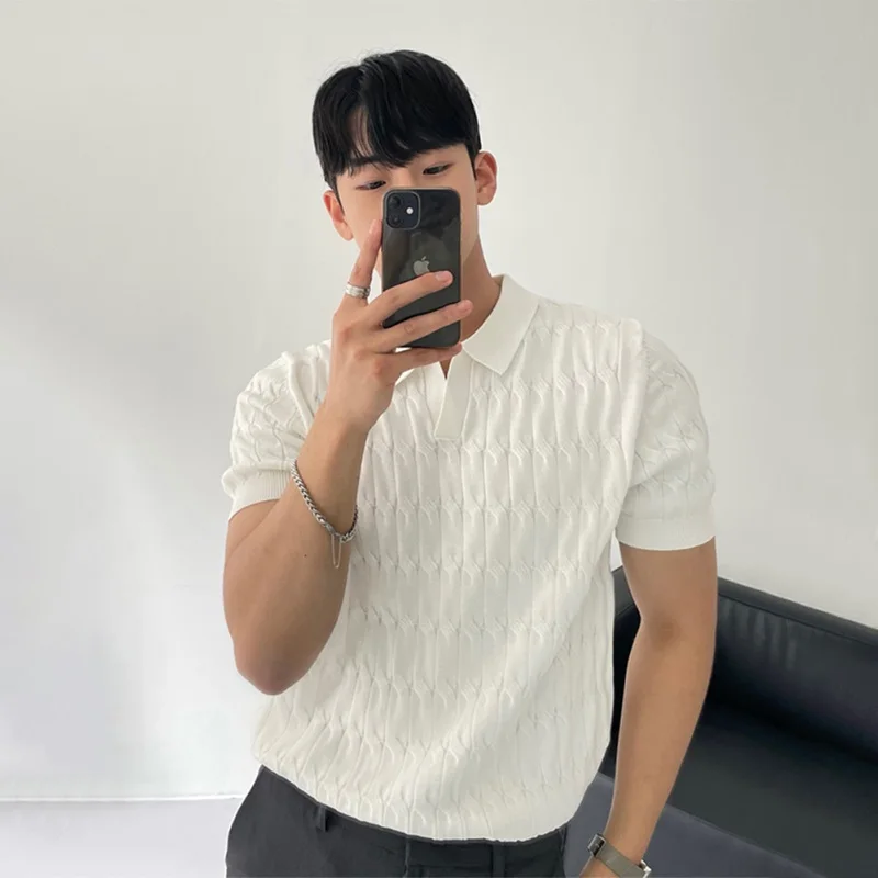 

2024 Casual Knit Long Sleeve Polo Shirt Men's Light Luxury Solid Color Texture Lapel Leisure T-Shirt Autumn Breathable A109
