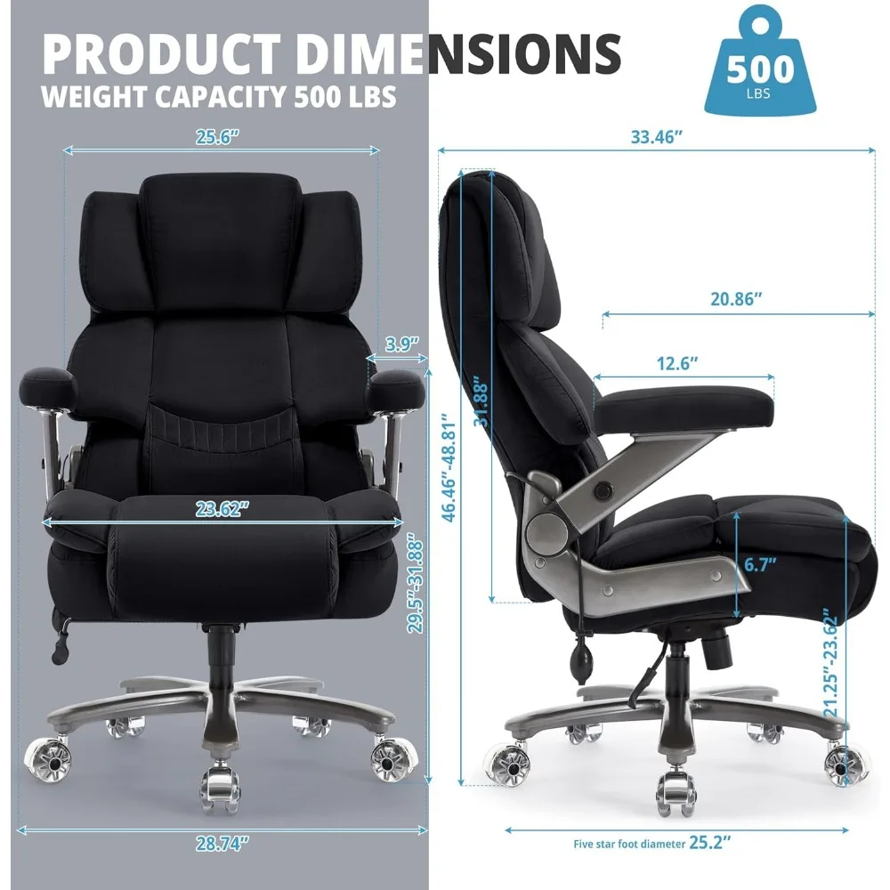 Big and Tall Office Chair 500lbs- Fabric High Back Executive Computer Chair with Adjustable Lumbar Support 3D Flip Arms Plus 3