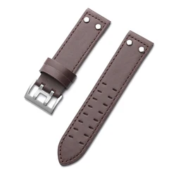 Vintage Genuine Leather Watchband with Rivet Detailing, 20mm/22mm - 22mm (Dark Brown)